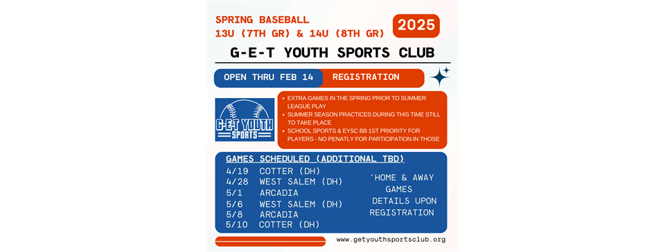 Spring Baseball Registration Open Until Feb. 14th